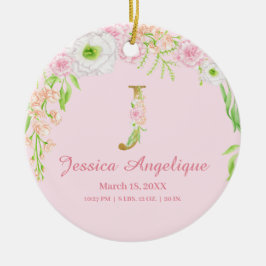 Rosa & Guld Brev ’J’ Blommigt Monogram Birdstat Julgransprydnad Keramik