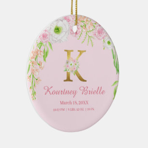 Rosa & Guld Brev ’K’ Blommigt Monogram Birdstat Julgransprydnad Keramik