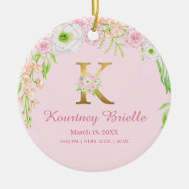 Rosa & Guld Brev ’K’ Blommigt Monogram Birdstat Julgransprydnad Keramik