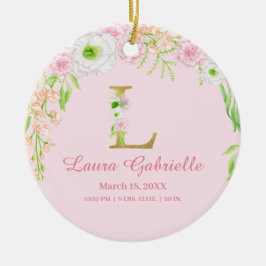 Rosa & Guld Brev ’L’ Blommigt Monogram Birdstat Julgransprydnad Keramik