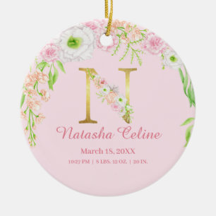 Rosa & Guld Brev ’N’ Blommigt Monogram Birdstat Julgransprydnad Keramik