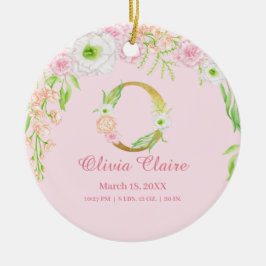 Rosa & Guld Brev ’O’ Blommigt Monogram Birdstat Julgransprydnad Keramik