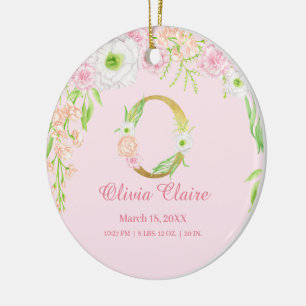 Rosa & Guld Brev ’O’ Blommigt Monogram Birdstat Julgransprydnad Keramik