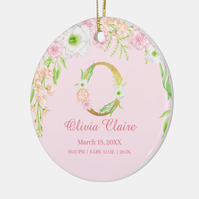 Rosa & Guld Brev ’O’ Blommigt Monogram Birdstat Julgransprydnad Keramik (Vänster)