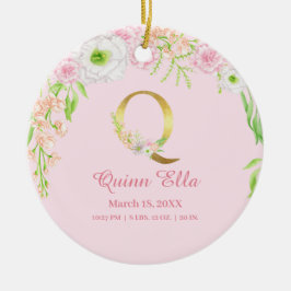 Rosa & Guld Brev ’Q’ Blommigt Monogram Birdstat Julgransprydnad Keramik