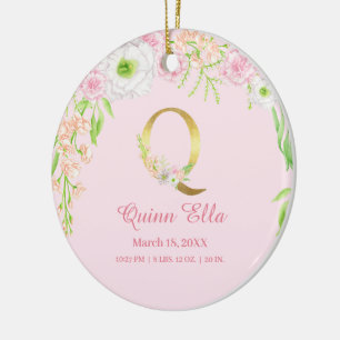 Rosa & Guld Brev ’Q’ Blommigt Monogram Birdstat Julgransprydnad Keramik