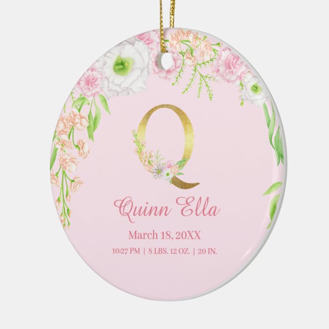 Rosa & Guld Brev ’Q’ Blommigt Monogram Birdstat Julgransprydnad Keramik (Vänster)