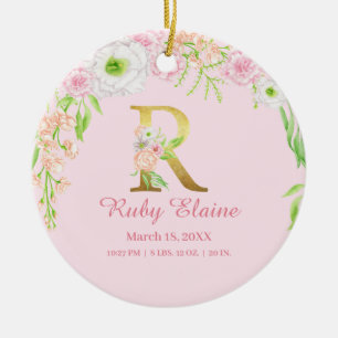 Rosa & Guld Brev ’R’ Blommigt Monogram Birdstat Julgransprydnad Keramik