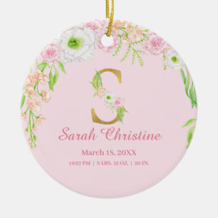 Rosa & Guld Brev ’S’ Blommigt Monogram Birdstat Julgransprydnad Keramik