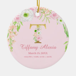 Rosa & Guld Brev ’T’ Blommigt Monogram Birdstat Julgransprydnad Keramik