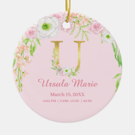 Rosa & Guld Brev ’U’ Blommigt Monogram Birdstat Julgransprydnad Keramik