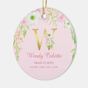 Rosa & Guld Brev ’W’ Blommigt Monogram Birdstat Julgransprydnad Keramik