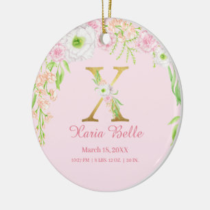 Rosa & Guld Brev ’X’ Blommigt Monogram Birdstat Julgransprydnad Keramik