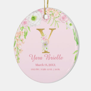 Rosa & Guld Brev ’Y’ Blommigt Monogram Birdstat Julgransprydnad Keramik