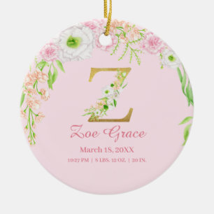 Rosa & Guld Brev ’Z’ Blommigt Monogram Birdstat Julgransprydnad Keramik