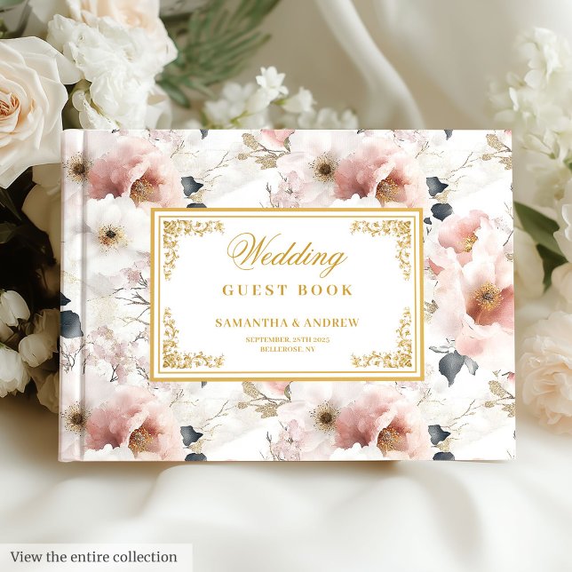 Rosa guld bröllop gästböcker (Aerial watercolor dusty pink gold wedding Guest Book )