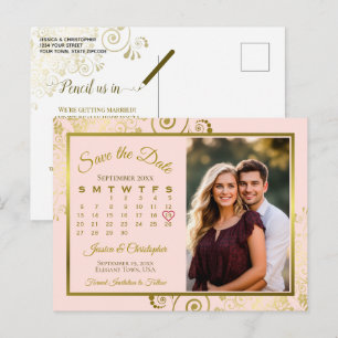 Rosa & Guld Bröllop Spara datum-kalender Foto Meddelande Vykort