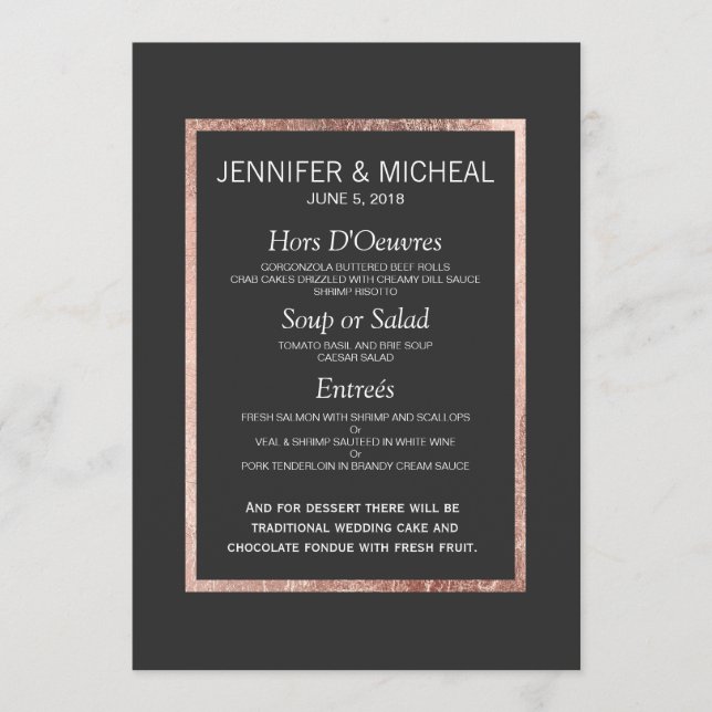 Rosa guld- bröllopmeny för chic Faux Meny (Framsida)