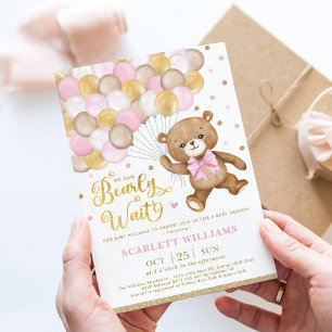 Rosa Guld Brown Nalle Girl Baby Shower Inbjudningar
