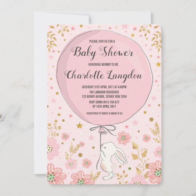 Rosa Guld Bunny Rabbit Baby Shower Tea Party Inbjudningar (Framsida)