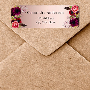 Rosa guld burgunder röda blommor returadressetiket returadress etikett