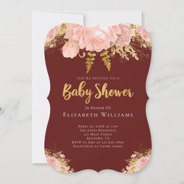  Rosa Guld Burgundy Flower Girl Baby Shower Inbjudningar (Framsida)