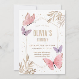 Rosa, guld Butterflies Cute Birthday-inbjudan Inbjudningar