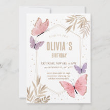Rosa, guld Butterflies Cute Birthday-inbjudan