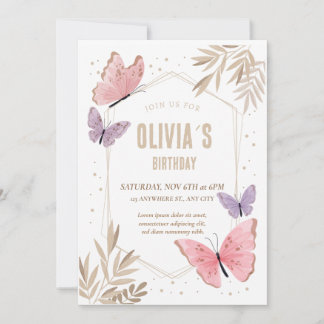 Rosa, guld Butterflies Cute Birthday-inbjudan Inbjudningar