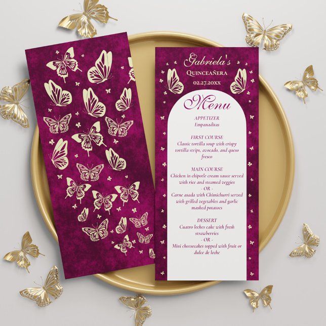 Rosa Guld Butterflies Quinceañera Girl Birthday Meny (Pink Gold Butterflies Quinceañera Girl Birthday Menu)