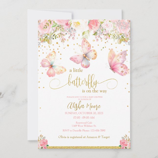 Rosa Guld-butterflurobabyduschinbjudan till babyba Inbjudningar (Framsida)
