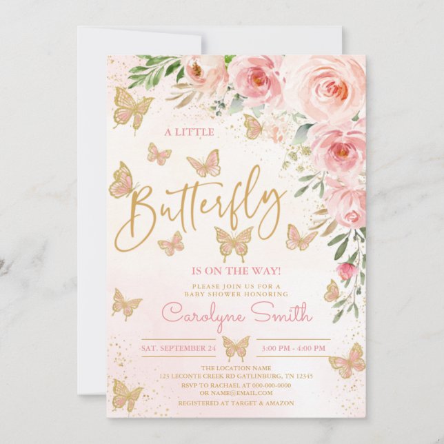 Rosa Guld Butterfly Baby Shower-flicka Inbjudningar (Framsida)