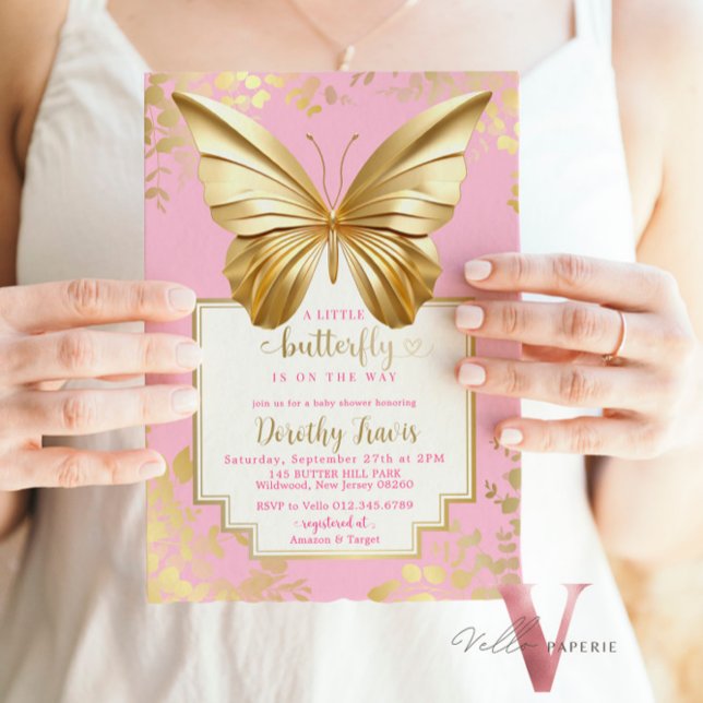  Rosa Guld Butterfly Baby Shower Inbjudningar (Skapare uppladdad)