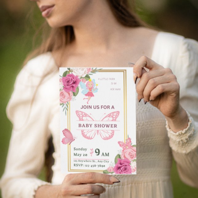 Rosa Guld Butterfly-babyduschinbjudan till babybab Meddelande (Skapare uppladdad)