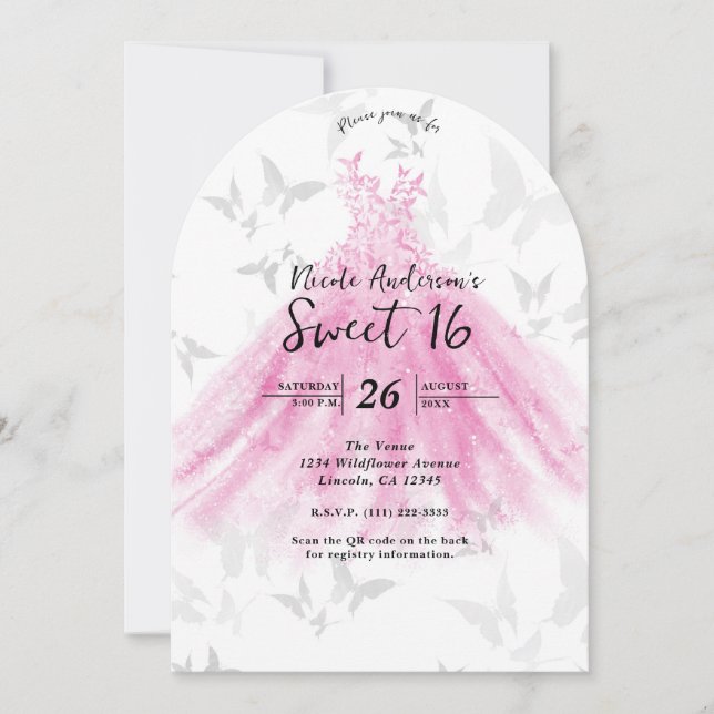 Rosa & Guld Butterfly Dance Dress Sweet 16 Inbjudningar (Framsida)