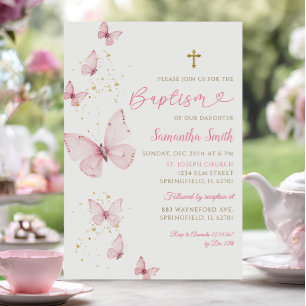 Rosa Guld Butterfly Minimalist Baptism Girl Inbjudningar