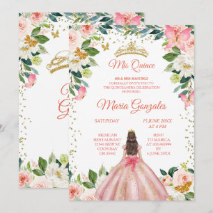  Rosa & Guld Butterfly Mis Quince-inbjudan Inbjudningar