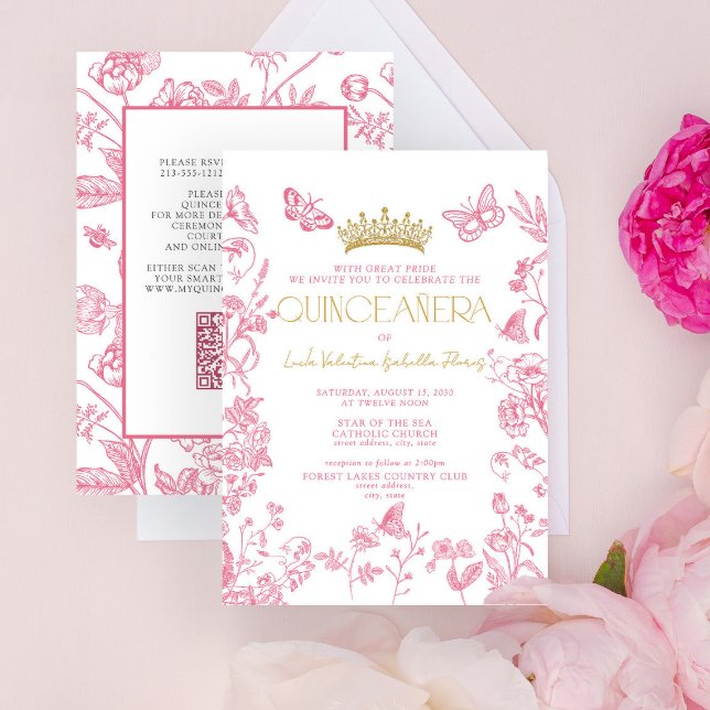 Rosa Guld Butterfly QR Quinceañera Mis Quince Años Inbjudningar (Skapare uppladdad)