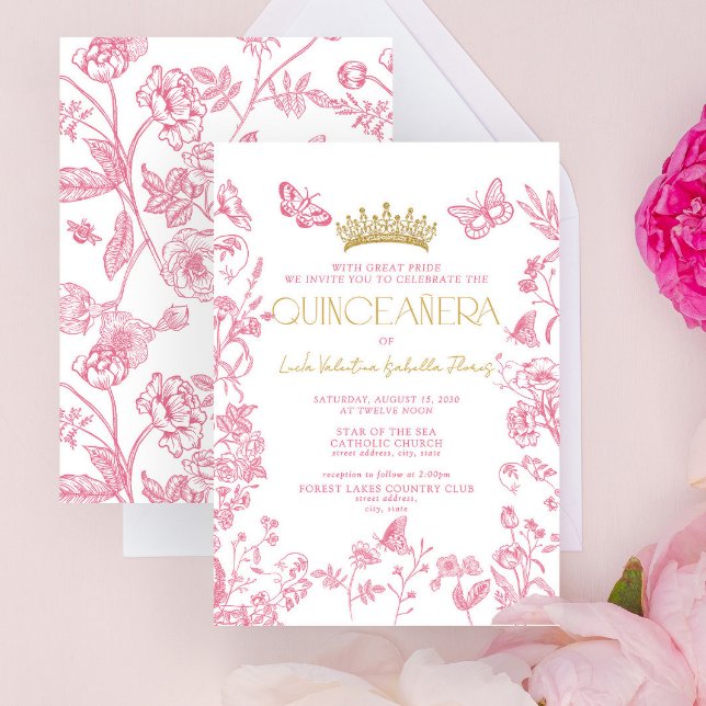 Rosa Guld Butterfly Quinceañera Mis Quince Años Inbjudningar (Skapare uppladdad)