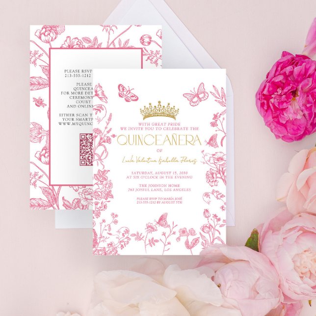 Rosa Guld Butterfly Quinceañera QR Mis Quince Años Inbjudningar (Skapare uppladdad)