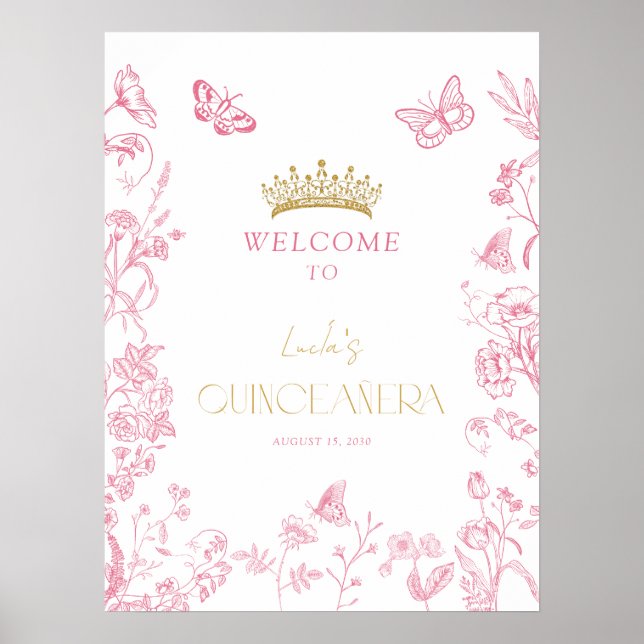 Rosa Guld Butterfly Quinceañera Välkommen Poster (Framsidan)