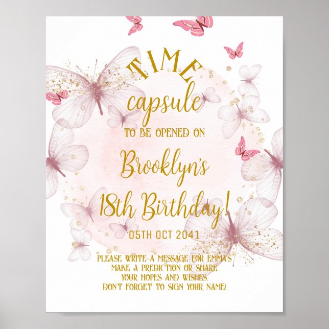 Rosa & Guld Butterfly Time Capsule-tecken Poster (Framsidan)