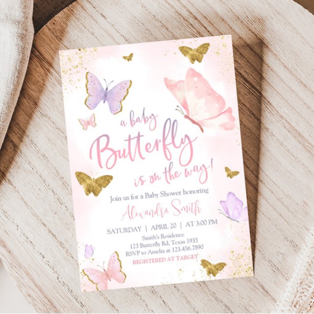 Rosa Guld Butterfly Vår Baby Shower Inbjudningar (Purple Gold Butterfly Baby Shower Invitation)