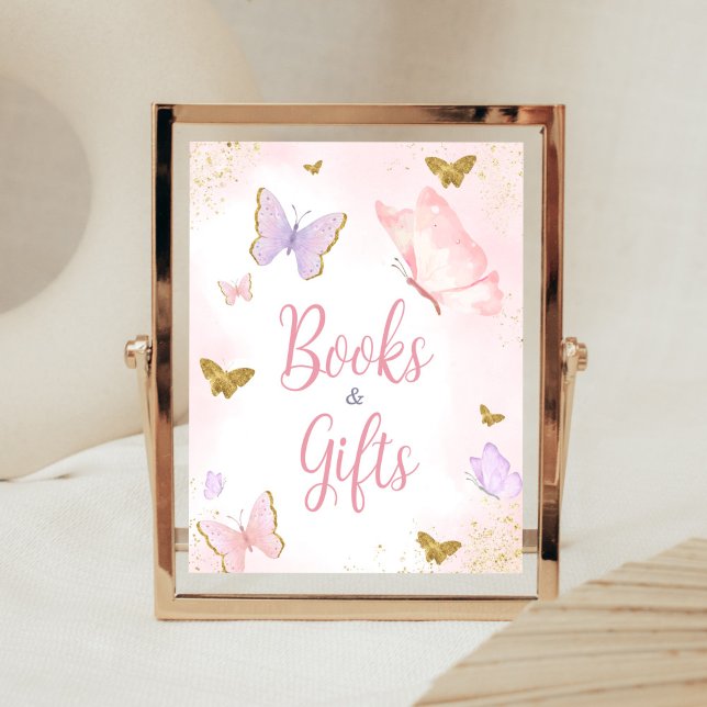 Rosa Guld Butterfly Vår Bokar och gåvor Poster (Purple Gold Butterfly Baby Shower Books and Gifts Sign)