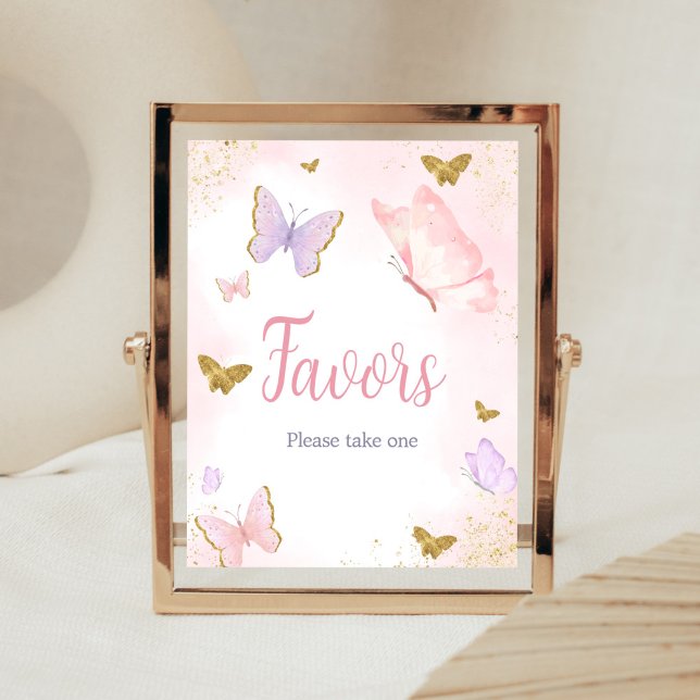 Rosa Guld Butterfly Vår Favoriter Poster (Purple Gold Butterfly Baby Shower Favors Sign)