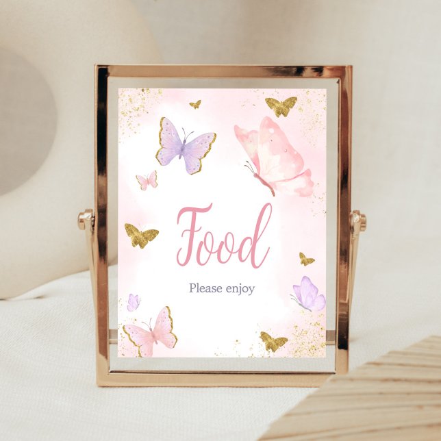 Rosa Guld Butterfly Vår Food Poster (Purple Gold Butterfly Baby Shower Food Sign)
