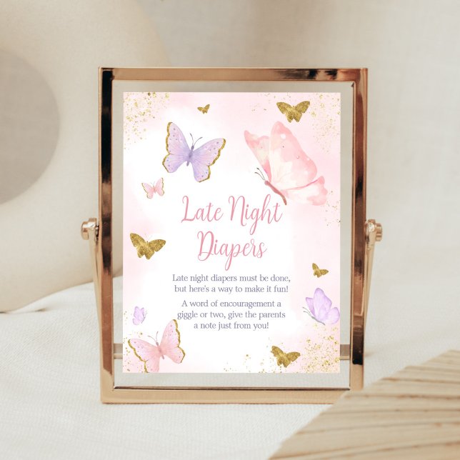 Rosa Guld Butterfly Vår Late Night Diables Poster (Purple Gold Butterfly Baby Shower Late Night Diapers Sign)