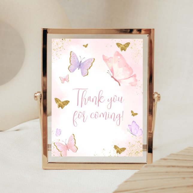 Rosa Guld Butterfly Vår Tack för kommande Poster (Purple Gold Butterfly Baby Shower Thank You for Coming Sign)