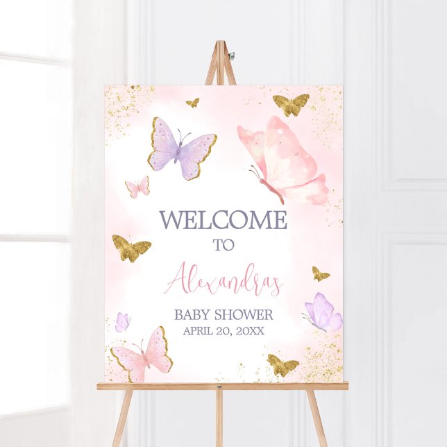Rosa Guld Butterfly Vår Välkommen Poster (Purple Gold Butterfly Baby Shower Welcome Sign)
