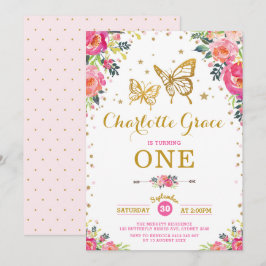 Rosa Guld Butterfly Watercolor Blommigt födelsedag Inbjudningar